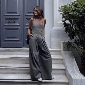 ZARA GABARDINE JUMPSUIT DARK KHAKI HALTER NEW AW23  7901/245